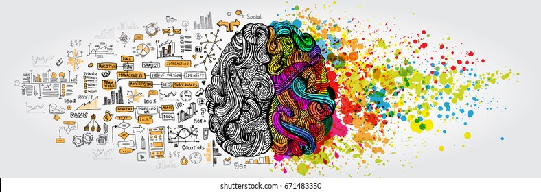 Left right human brain concept. Creative part and logic part with social and business doodle