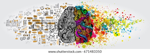 Left right human brain concept.\
Creative part and logic part with social and business\
doodle