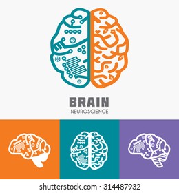 Left & Right Human Brain hemispheres vector icon. Human brain in sagittal view. Brain sign design template for Neuroscience & Medicine. Creative & analytical brain division. Vector illustration.