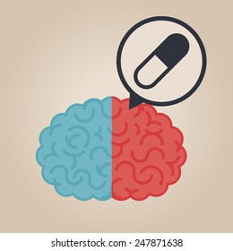 Left & right human brain illustration: pills