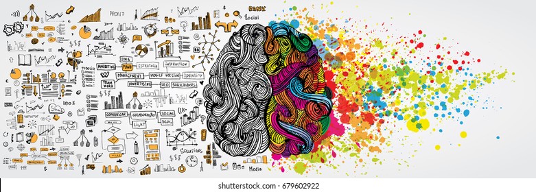 Left and right human brain with social infographic on logical side. Creative half and logic half of human mind. Vector illustration aboud social communication and business work
