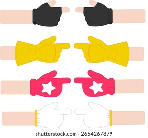 
Dedo indicador esquerdo e direito, luvas de trabalho, luvas de inverno, luvas de couro preto, luvas de segurança amarelas, ícones de estilo de gesto de desenho animado