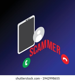 A left and right isometric vector of scammer phone call on dark background