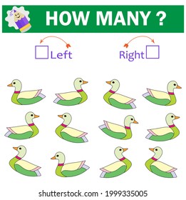 Left or Right. Logic game for kids. Count how many ducks are turned left and how many are turned left.