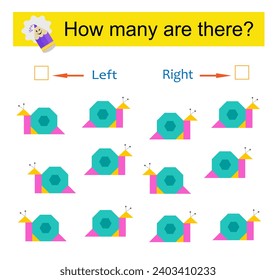 Left or Right. Logic game for kids. Count how many snails are turned left and how many are turned right. 