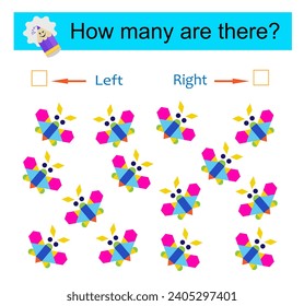 Left or Right. Logic game for kids. Count how many butterflies are turned left and how many are turned right. Vector illustration. 