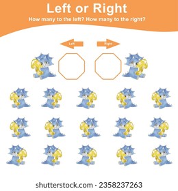 Juego de matemáticas izquierdo o derecho para preescolar. Contando cuántos lindos dinos quedan y están a la derecha. Vector de dino de bebé lindo y kawaii al estilo de las caricaturas. Hoja de cálculo matemática para niños. 