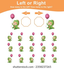Left or Right math game for preschool. Counting how many cute baby dino are left and right. Cute and kawaii baby dino vector in cartoon style. Math worksheet for kids. 
