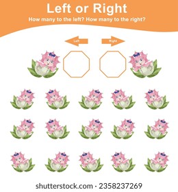 Left or Right math game for preschool. Counting how many cute baby dino are left and right. Cute and kawaii baby dino vector in cartoon style. Math worksheet for kids. 