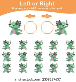 Left or Right math game for preschool. Counting how many cute pirate dino are left and right. Cute and kawaii baby dino vector in cartoon style. Math worksheet for kids. 