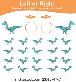 Juego de matemáticas izquierdo o derecho para preescolar. Contando cuántos lindos dinos escuchan música a izquierda y derecha. Vector de dino de bebé lindo y kawaii al estilo de las caricaturas. Hoja de cálculo matemática para niños. 