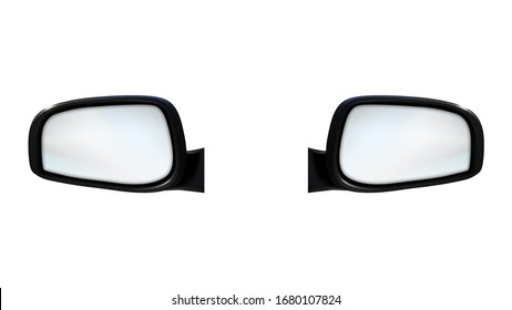 Left And Right Outdoor Rearview Car Mirrors Vector. Rear-view Mirrors. Accessory For Control Traffic And Transport Behind Vehicle. Reflection Equipment Template Realistic 3d Illustration