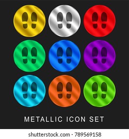 Left and right shoe footprints 9 color metallic chromium icon or logo set including gold and silver