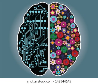 Lado izquierdo y derecho del cerebro, lógica y creatividad, vector