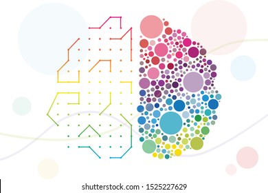 the left right side of the brain made of multicolored in a circle.
Vector art image in many rainbow colors background