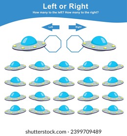 Left or right the spaceship, solar systems. Counting worksheet for kids. Math game. Count and write the result. Left or Right worksheet for kids. Educational printable math worksheet. 