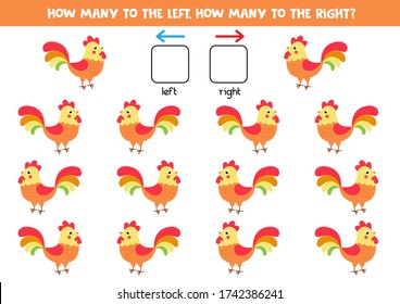 Left or right. Spatial orientation with roosters. Educational worksheet. Count how many roosters go to the left and how many to the left.