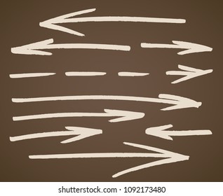Left and right straight hand drawn arrows set. Collection of symbols in beige isolated over vintage brown background. Vector illustration.