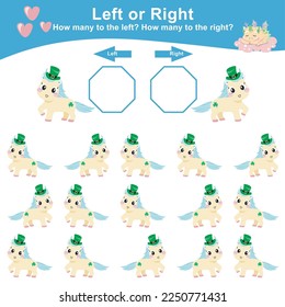 Left or right with unicorn on a St. Patrick’s costume. Counting worksheet for kids. Math game. Count and write the result. Left or Right worksheet for kids. Educational printable math worksheet. 