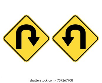 Left & Right U-Turn Warning Road Sign Yellow road sign with turn symbol isolated on diamond board
