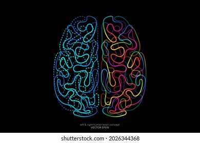 Left rigt human brain concept. Vector illustration colorful light line doodle isolated on black background.