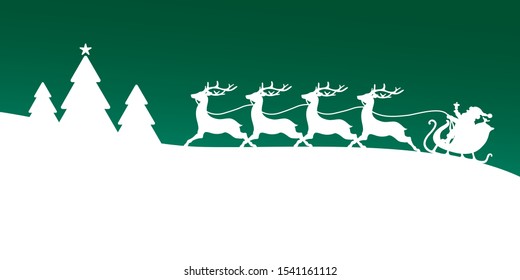 To The Left Running Christmas Sleigh With Forest Dark Green Background