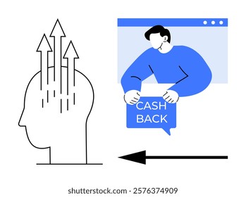 Left shows a human head with upward arrows signifying financial growth. Right shows a person holding a Cash Back sign. Ideal for finance, investment, savings, personal growth, cash rewards