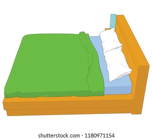 Left side angle standing Artwork birds eye perspective level Double bed side table lamp mobile phone smartphone white pillow green blanket wood