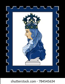 Left side of the blue hair chess king with a beautiful crown on stamp for mailing