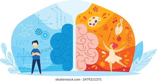 Left side brain hemisphere logic analytical thinking, young man mathematics, formulas, calculations. Right side brain hemisphere creativity, artistic woman ballet dancing, music notes, flowers