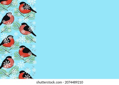 Left side frame for a Christmas New Year card or a background with snow birds, fir tree branches, snowflakes drawn in cartoon doodle style in red, black, white, blue colors