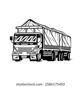 left side front view of an articulated truck black and white vector line art