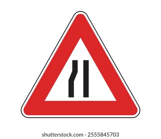 Left Side Narrowing Road Warning Sign Featuring Red Triangle and Black Converging Lines from Left, Indicating Road Width Reduction from Left Ahead, Available as a Vector File