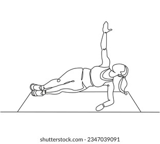 Left side plank Line Drawing, side plank one line art, side plank exercise, Continuous one line drawing, work out clip art,  workout fitness, Outline exercise clipart isolated on white background