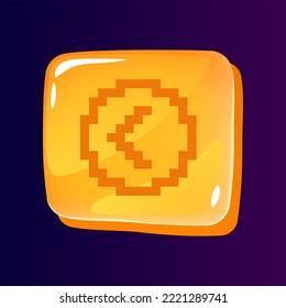 Left side pointer glossy ui button with pixelated icon. Arrow sign. Editable 8bit graphic element on shiny square shape. Isolated vector user interface image for web, mobile. Retro style game design