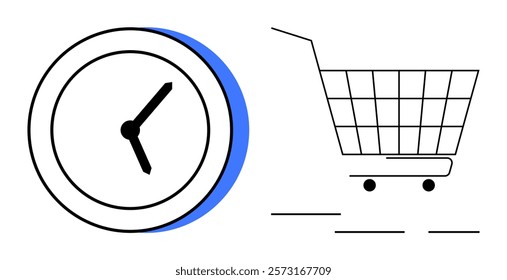 Left side shows a clock with blue accents and right side has a shopping cart. Ideal for time management, online shopping, scheduling, e-commerce, and efficiency themes. Simple and modern style