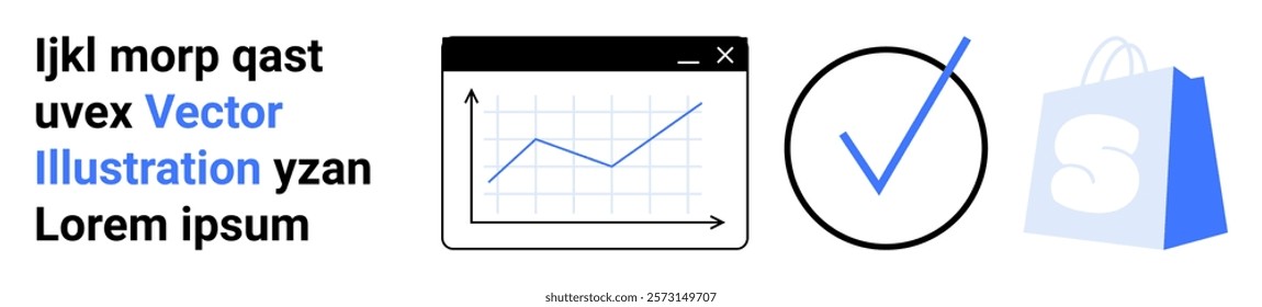 Left side with text including Vector Illustration. Center with a line graph in a window and a check mark. Right side with a shopping bag icon. Ideal for business success e-commerce analytics