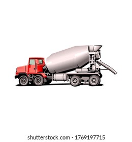 left side view of concrete mixer truck isolated on white background. 3d illustration.
