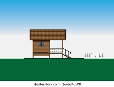 El lado izquierdo de la cabaña de madera Un pequeño y bonito estilo de resort.