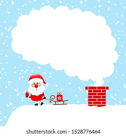 Left Standing Santa Claus With Sleigh On Roof Cloud Of Smoke Snow on Blue