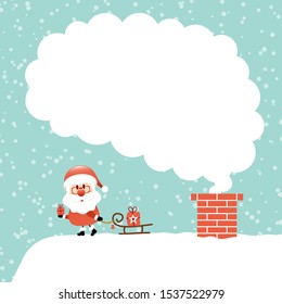 Left Standing Santa Claus With Sleigh On Roof Cloud Of Smoke Snow Turquoise