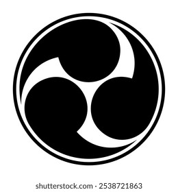 Esquerda três vezes Mitsudomoe, símbolo de tomoe japonês com borda. Espiral de 3 vírgulas ou girinos, circunscrito em um círculo. Amplamente usado para ou emblemas, banners, rituais, festivais e em santuários xintoístas.