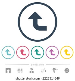 Left top side turn arrow solid flat color icons in round outlines. 6 bonus icons included.