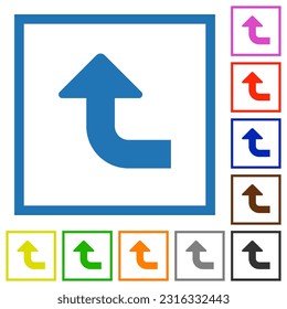 Flecha de giro del lado superior izquierdo iconos de color sólido plano en marcos cuadrados sobre fondo blanco