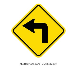 Left Turn Ahead Warning Sign Featuring a Yellow Diamond Shape with Black Arrow, Indicating an Upcoming Left Turn, Available as a Vector File