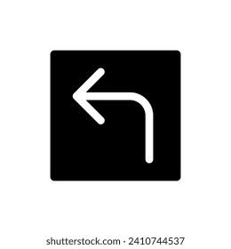 Left turn arrow black glyph ui icon. Destination. Road sign. Driving car. User interface design. Silhouette symbol on white space. Solid pictogram for web, mobile. Isolated vector illustration