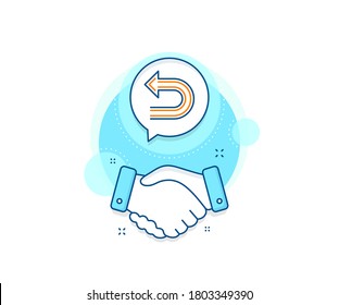 Left turn direction symbol. Handshake deal complex icon. Undo arrow line icon. Navigation pointer sign. Agreement shaking hands banner. Undo sign. Vector