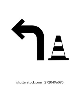 Seta Direcional Virada à Esquerda com Ícone de Cone de Tráfego, Símbolo de Construção e Segurança de Estrada, Sinal de Desvio e Navegação para Gerenciamento de Tráfego, Ilustração de Vetor Preto Plano
