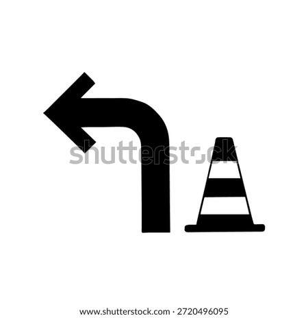 Left Turn Directional Arrow with Traffic Cone Icon, Road Construction and Safety Symbol, Detour and Navigation Sign for Traffic Management, Flat Black Vector Illustration