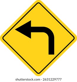Left Turn symbol.  sharp turn warning. turn left sign. driving navigation icon. traffic direction and Road safety. warning road sign
